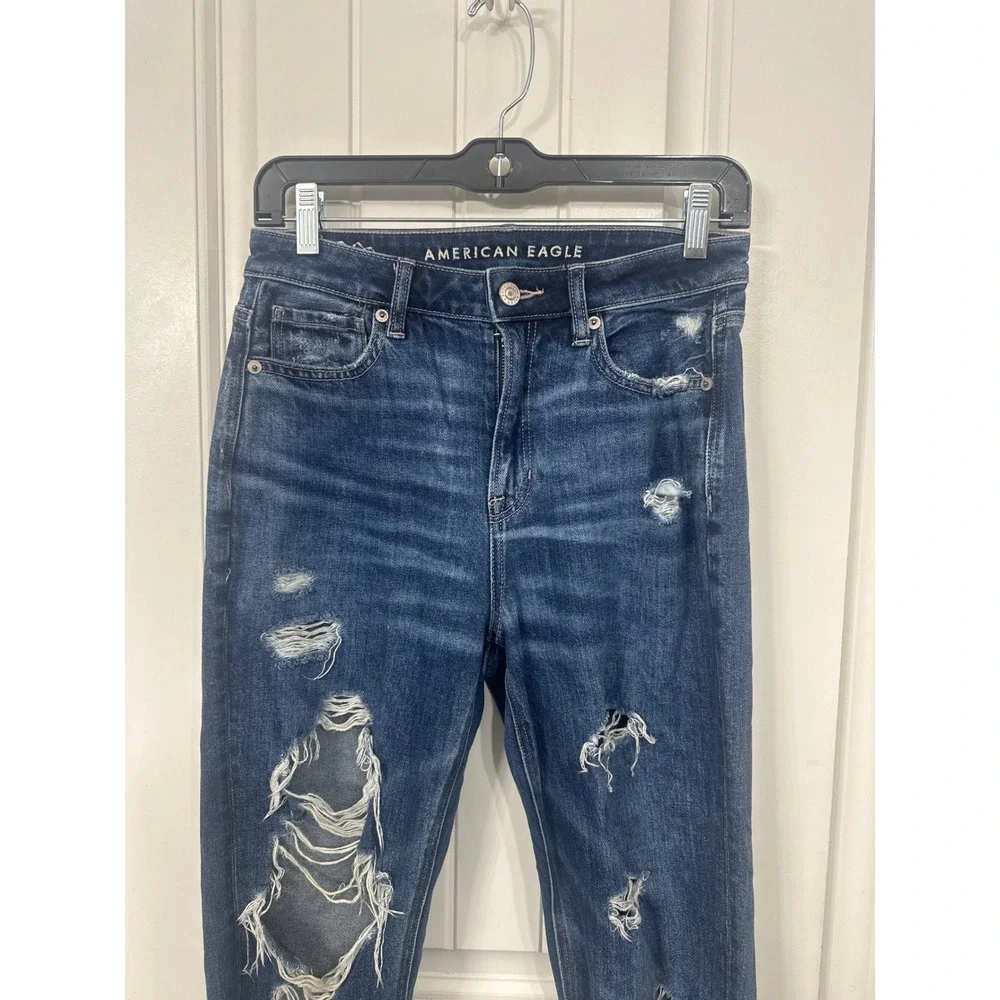 American Eagle Distressed Ripped Mom Jeans Medium Wash Floral Embroidered 2R